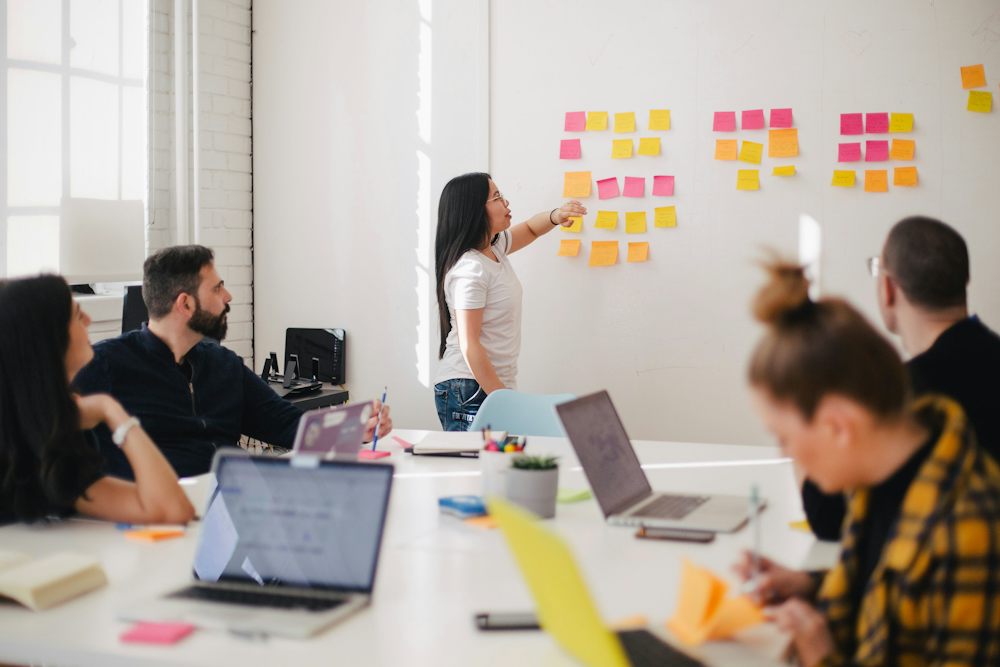 Planning session in front of a whiteboard